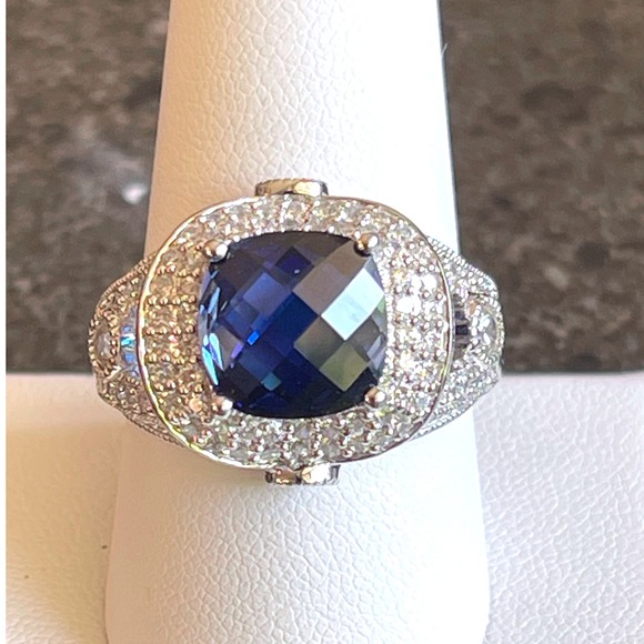 Sterling Silver Cushion-Cut Blue Simulated Sapphire &CZ Halo Statement Ring SZ10 - Picture 1 of 10